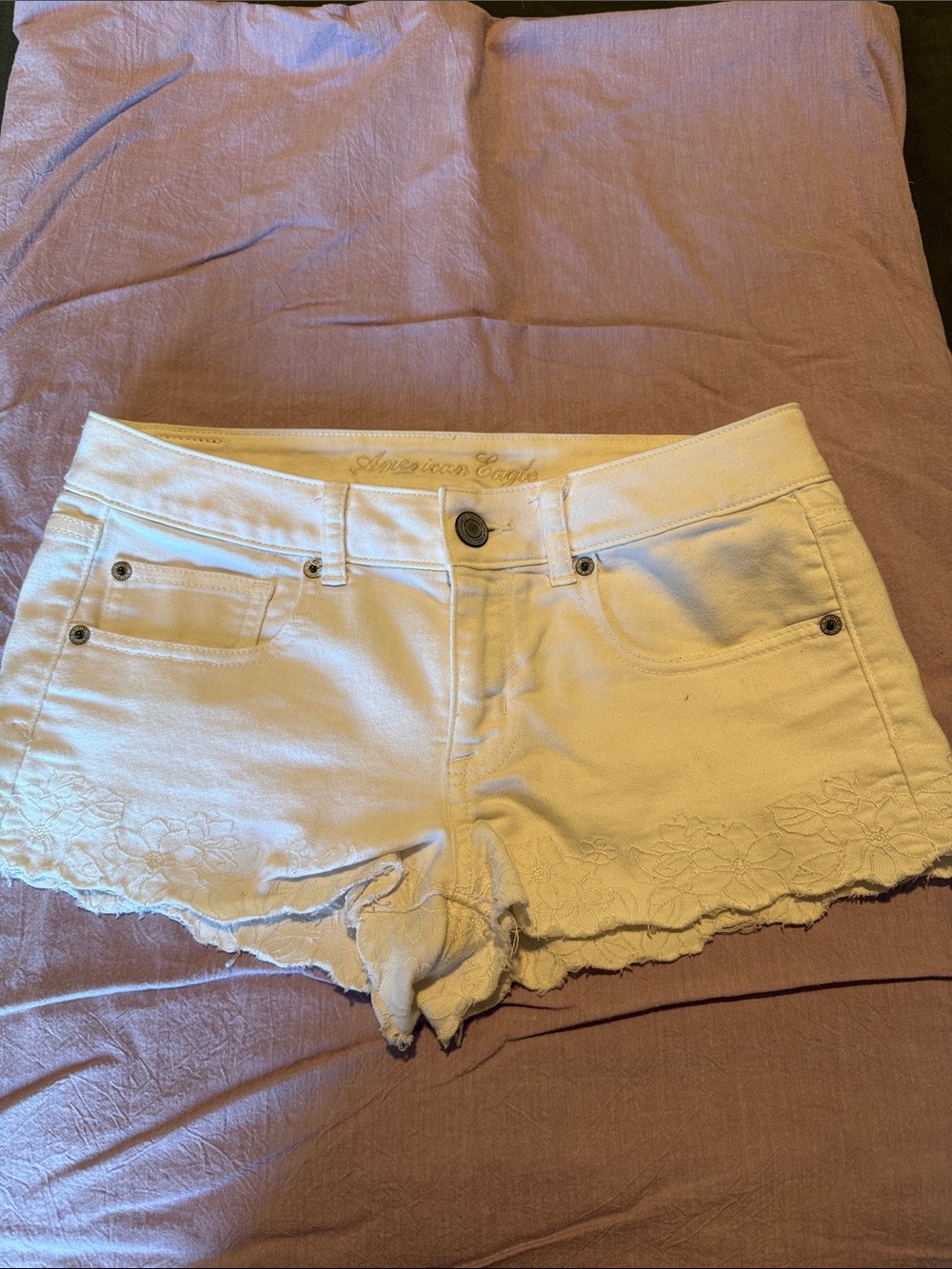 American Eagle Outfitters White Lace-Trim Denim Cutoff Shorts